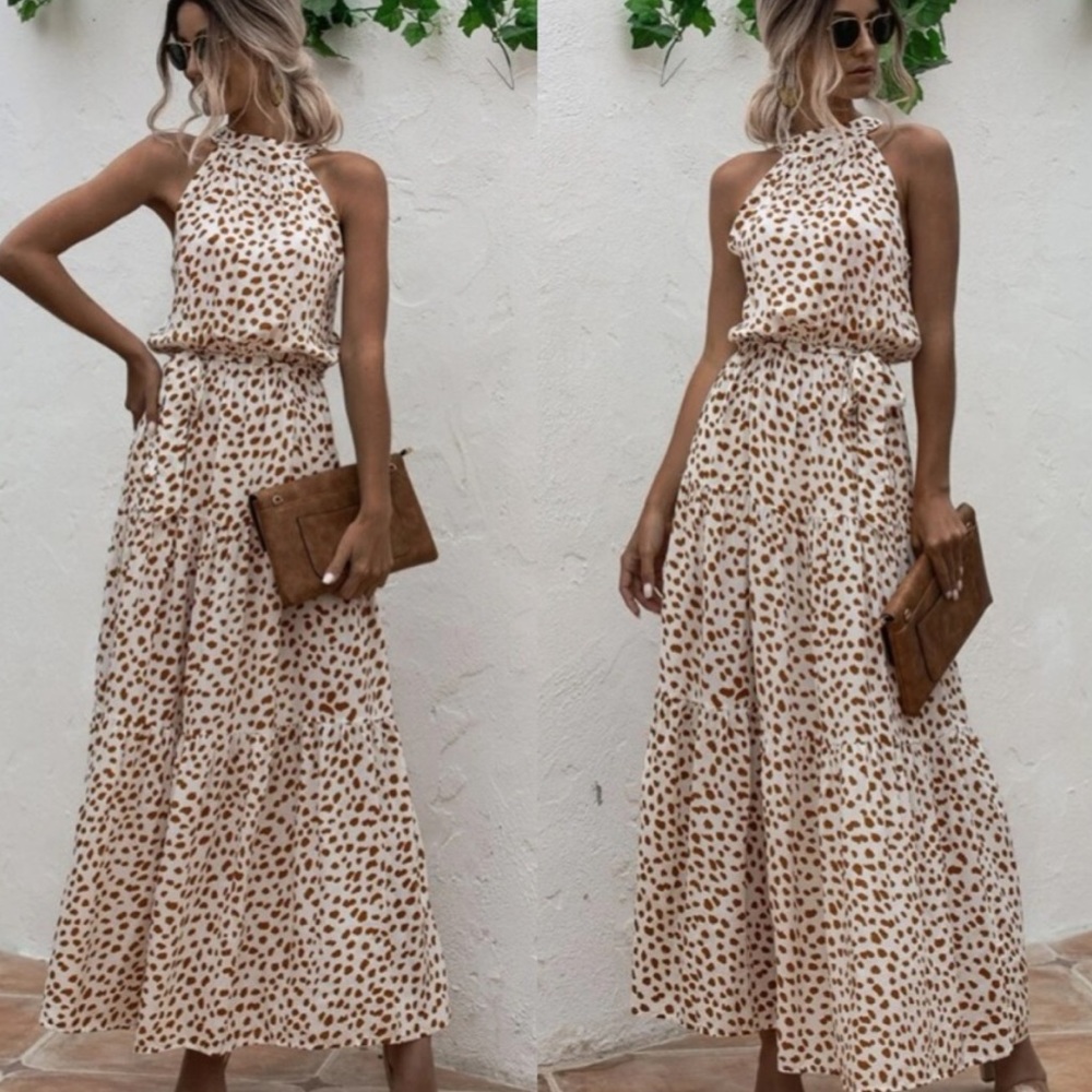 Boho polka dot belted layer ruffle halter dress LAST FEW - Picture 1 of 8